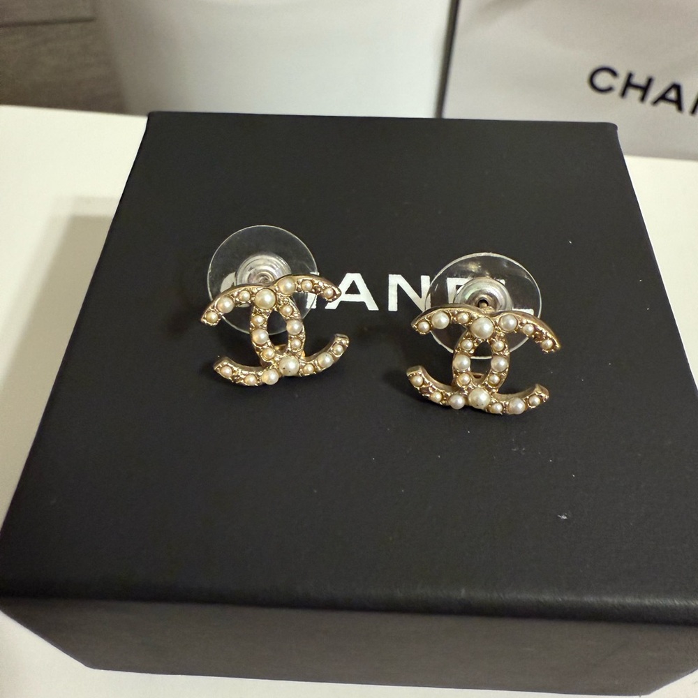 Chanel Mini Gold CC Faux Pearl Classic Earrings